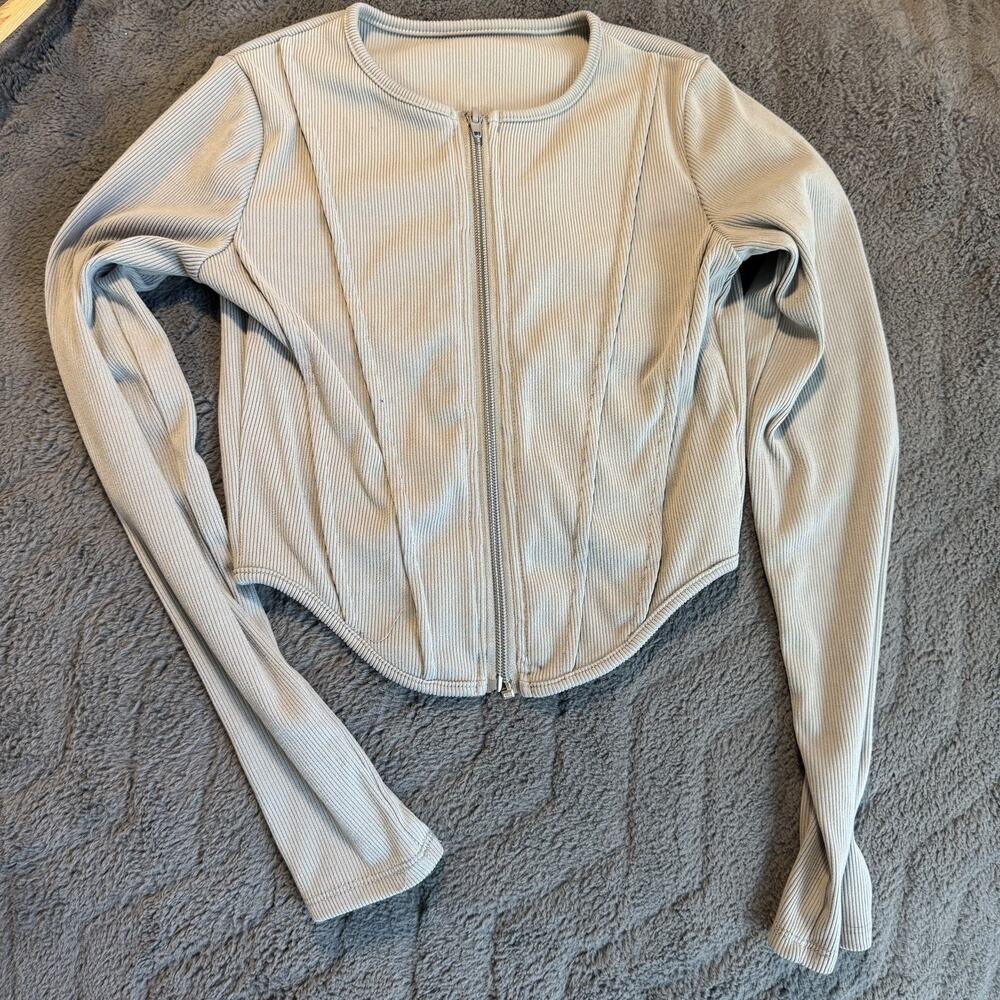 Unbranded Women's Ribbed Zip Up Corset Top Long Sleeve Grey Y2K Streetwear S